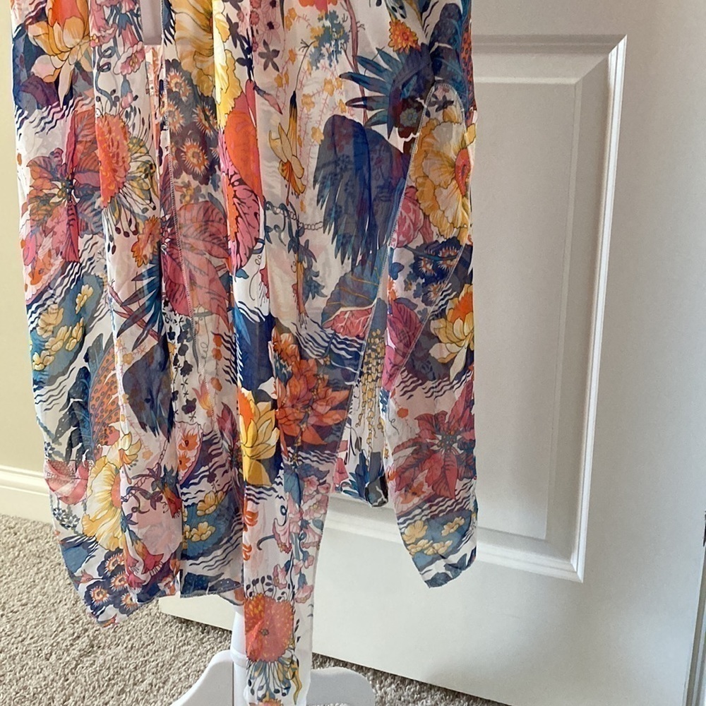 Hibluco small cardigan cover up floral sheer blue pink short sleeves kimono - Picture 5 of 11